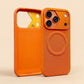 Front and back view of the orange textured phone case.