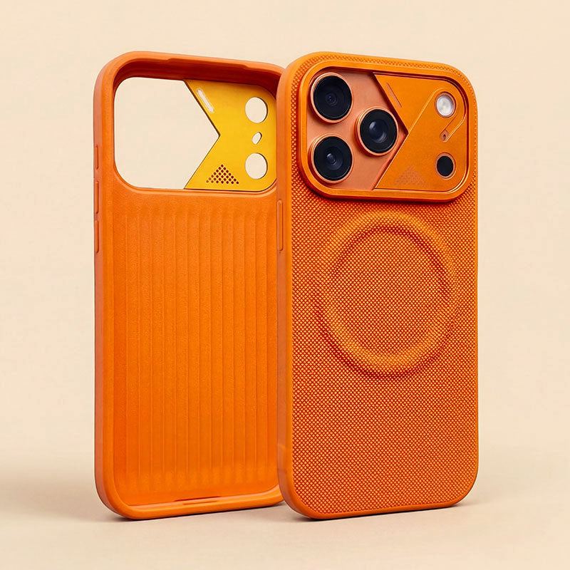 Front and back view of the orange textured phone case.