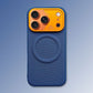 Navy blue textured phone case with orange camera module.