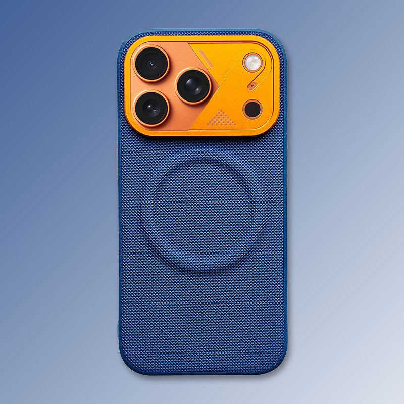 Navy blue textured phone case with orange camera module.