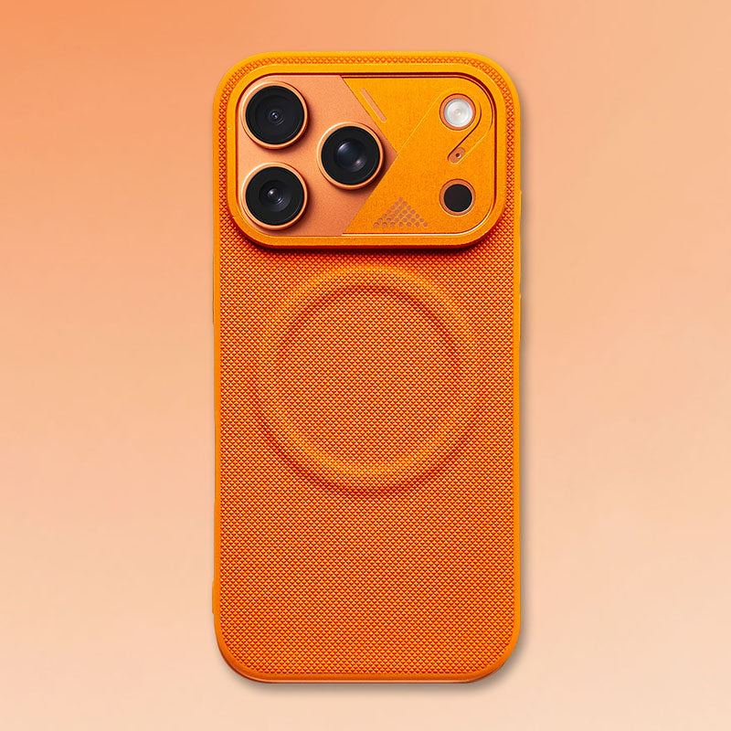 Bright orange textured phone case back view.