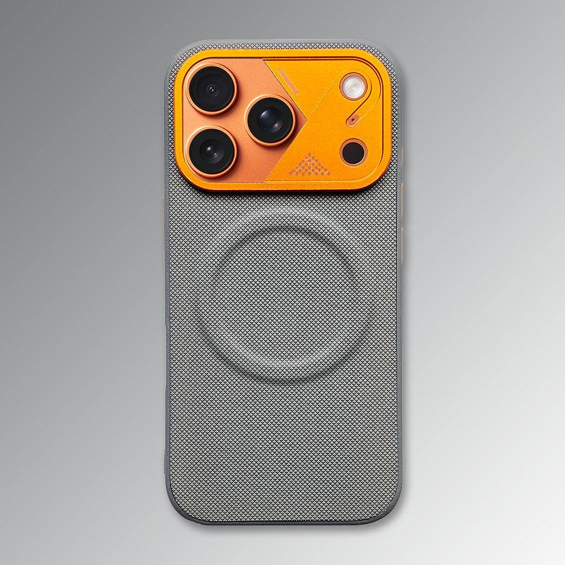 Gray textured phone case with orange camera module.