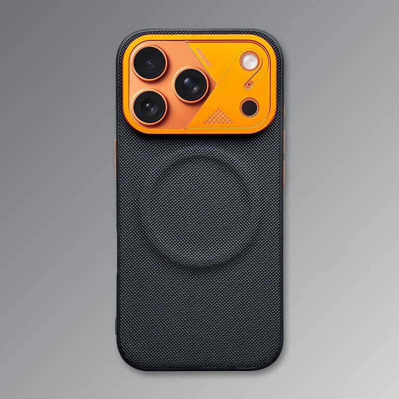 Black textured phone case with orange camera module.