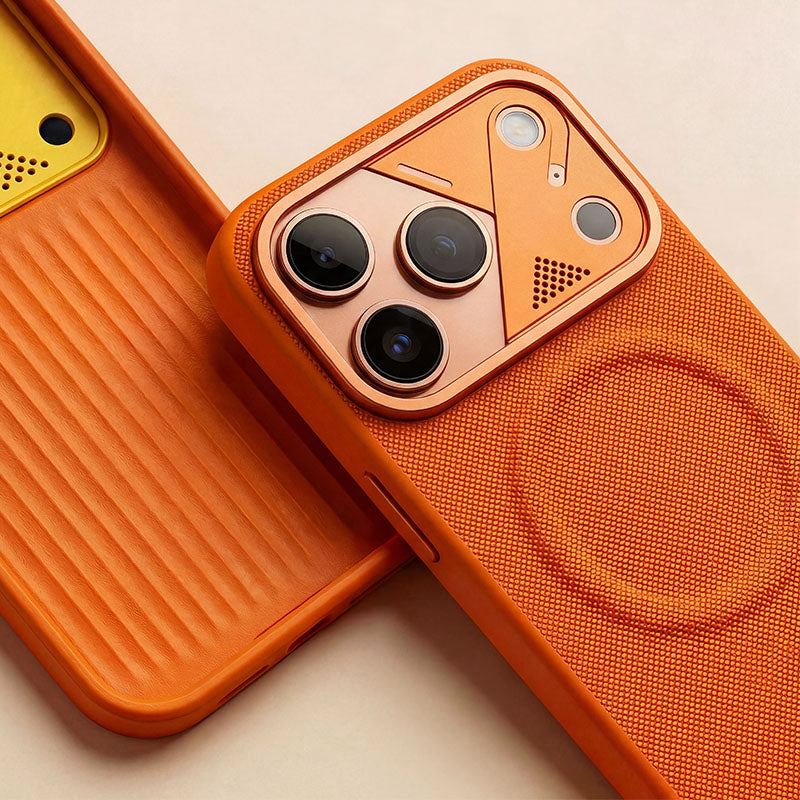 Close-up of orange phone case interior and camera housing.