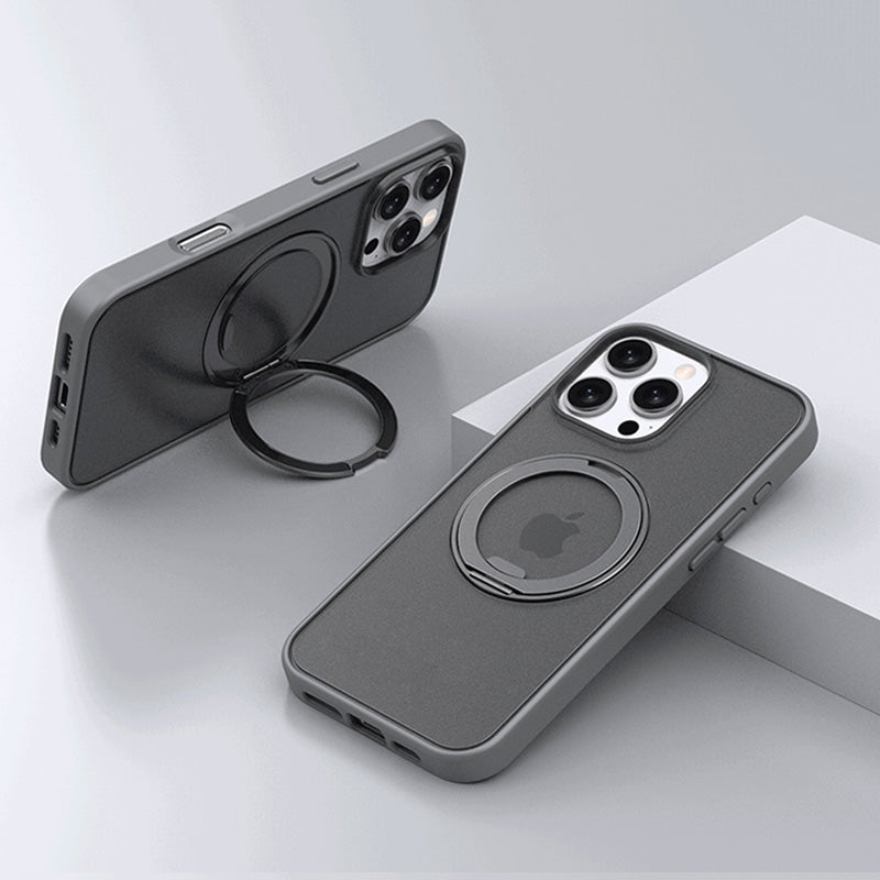 Dark gray iPhone case with integrated magnetic ring stand