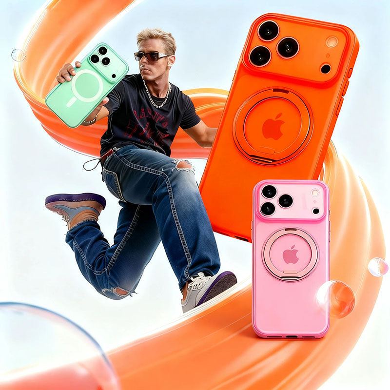 Lifestyle shot featuring colorful protective iPhone cases with integrated ring stands.