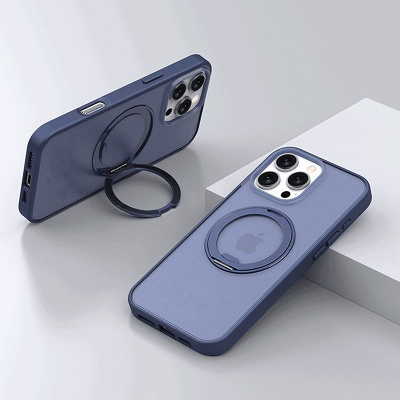 Dark blue iPhone case with integrated magnetic ring stand