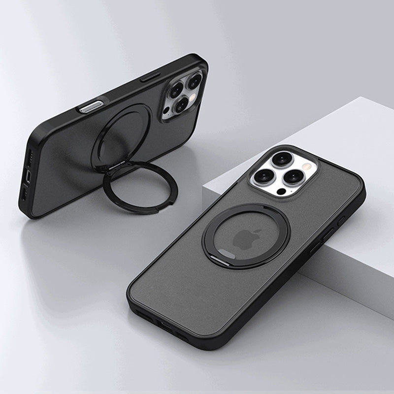 Black iPhone case with integrated magnetic ring stand