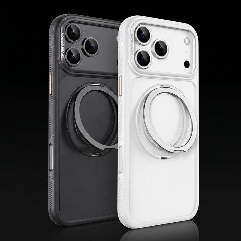 Black and white ChubbyArmor iPhone cases with integrated ring stands