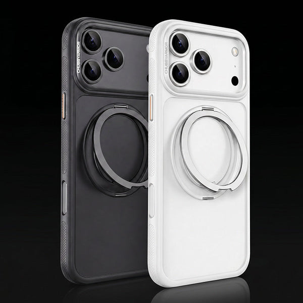Black and white ChubbyArmor iPhone cases with integrated ring stands