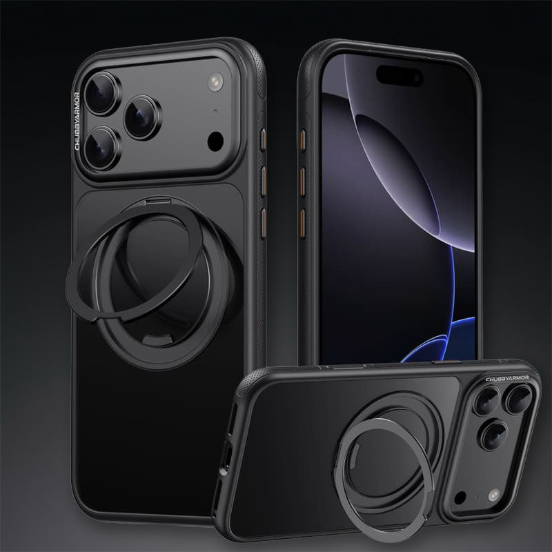 Multiple angles of the black ChubbyArmor phone case with ring holder