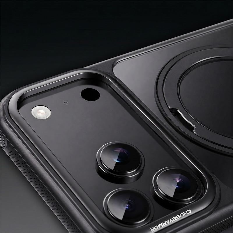 Close-up of black ChubbyArmor iPhone case camera protection