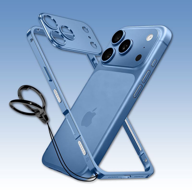Light blue metal frame phone case with detachable lens cover