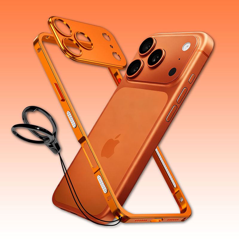 Orange metal frame phone case with camera protector
