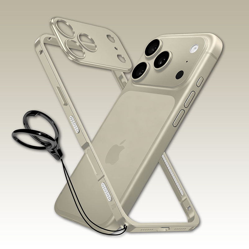 Beige metal frame phone case with detachable lens cover