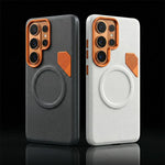 Black and white textured phone cases with orange accents and magnetic ring feature.