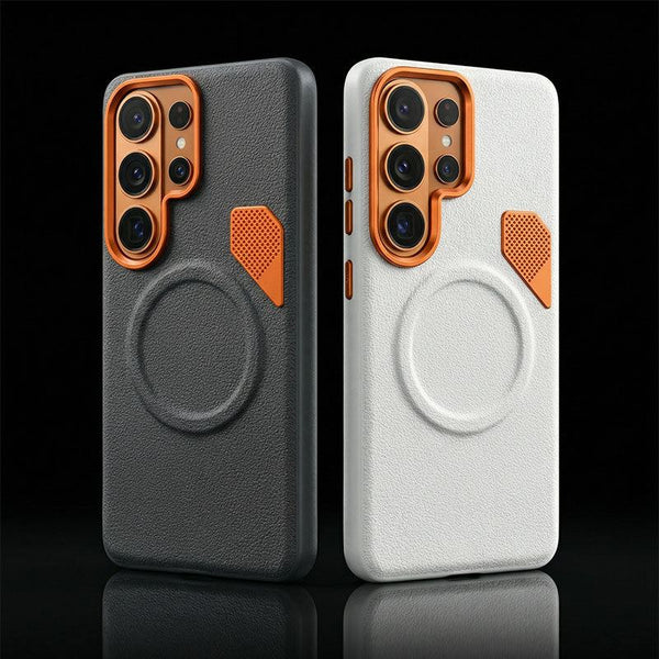 Black and white textured phone cases with orange accents and magnetic ring feature.