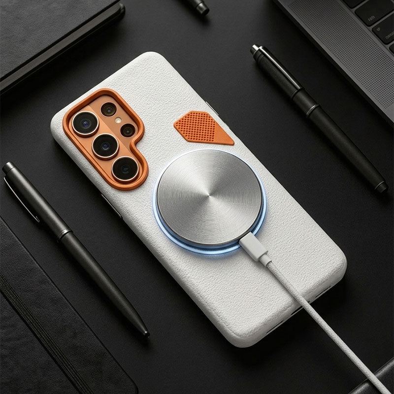Magnetic wireless charger attached to the back of a white textured phone case.