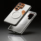 Detailed view of the interior and exterior of a white leather-style magnetic phone case.