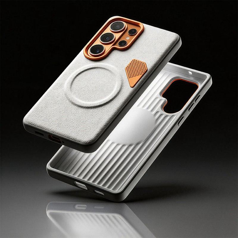 Detailed view of the interior and exterior of a white leather-style magnetic phone case.