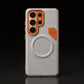 White leather-textured phone case with orange camera bumper and magnetic ring.
