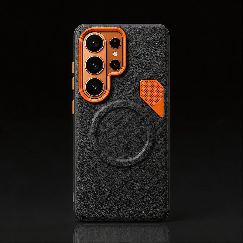 Black textured phone case with orange camera frame and magnetic charging circle.