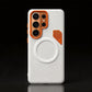 Front-facing view of a white leather-style phone case with orange camera bumper.
