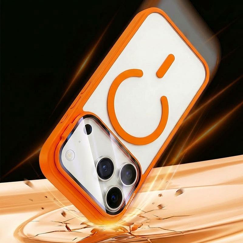 Orange phone case with integrated camera lens protection