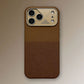 Brown protective smartphone case with gold metallic camera guard and textured back.