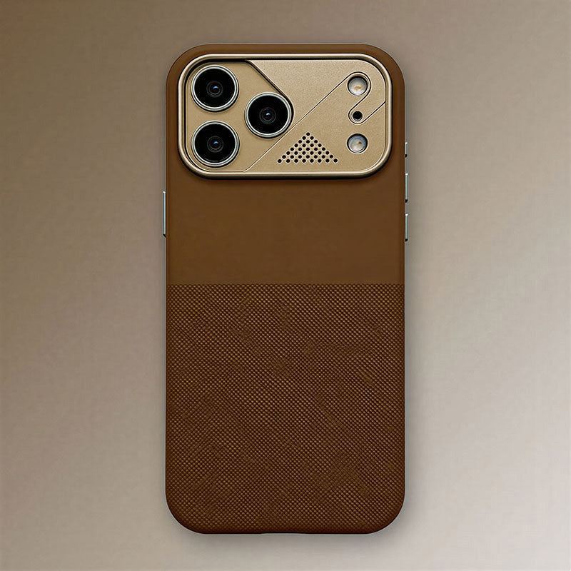 Brown protective smartphone case with gold metallic camera guard and textured back.