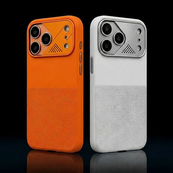 Orange and white protective smartphone cases featuring metallic camera protection modules.
