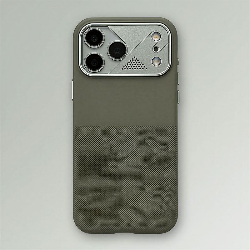 Olive green protective smartphone case with textured back and metallic camera guard.