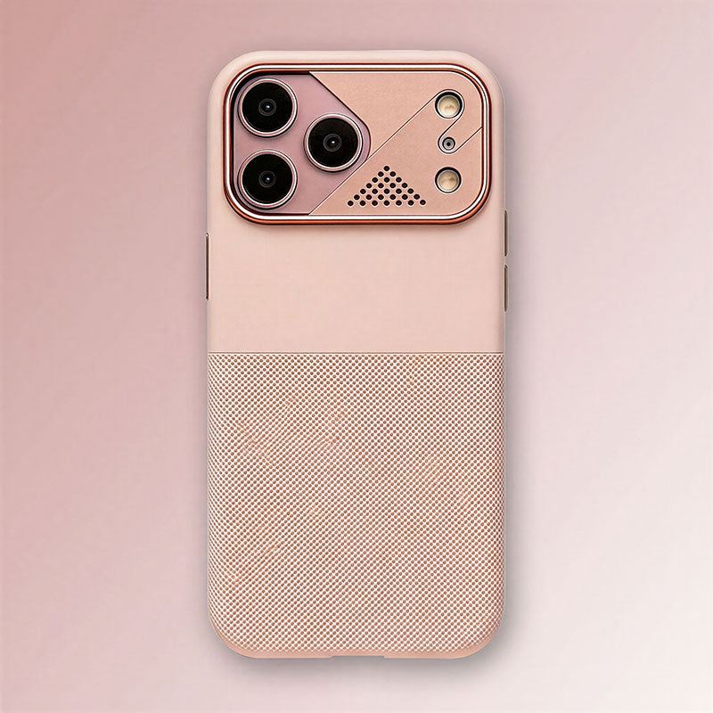 Soft pink smartphone case featuring a rose gold metallic camera guard.