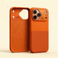 Front and back view of an orange smartphone case with metallic camera frame.