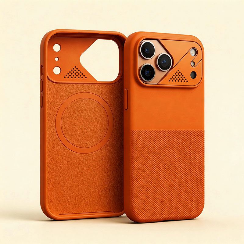 Front and back view of an orange smartphone case with metallic camera frame.