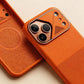 Close-up of an orange smartphone case showing camera lens protection and textured grip.