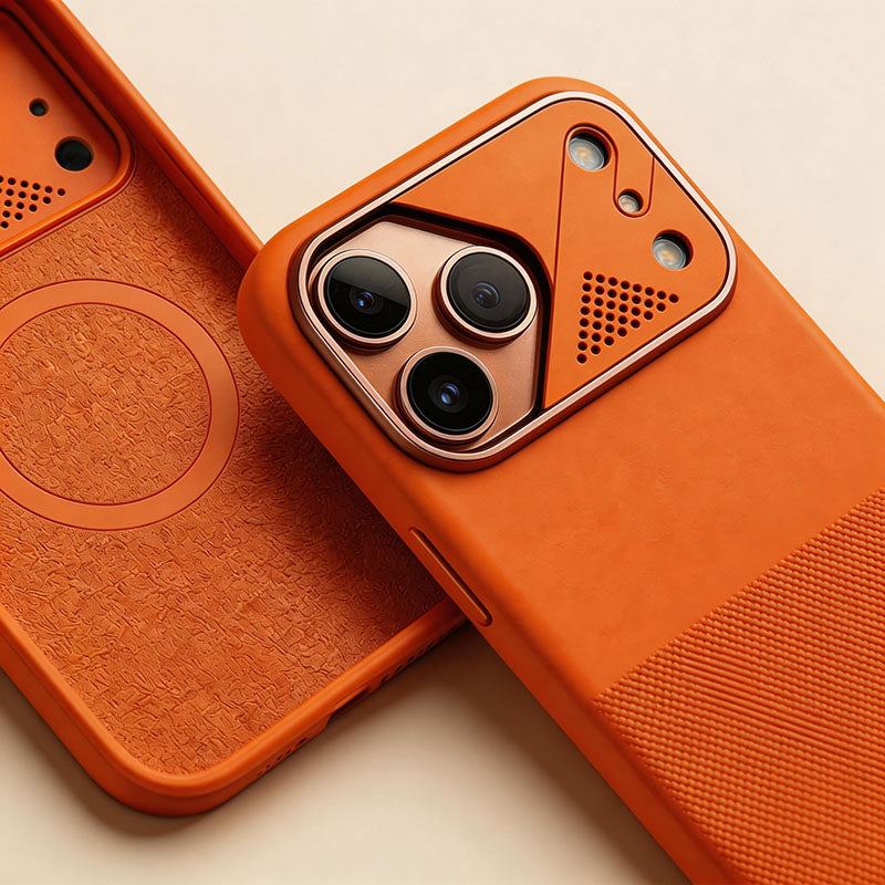 Close-up of an orange smartphone case showing camera lens protection and textured grip.
