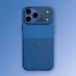 Blue protective smartphone case with metallic camera module and textured finish.