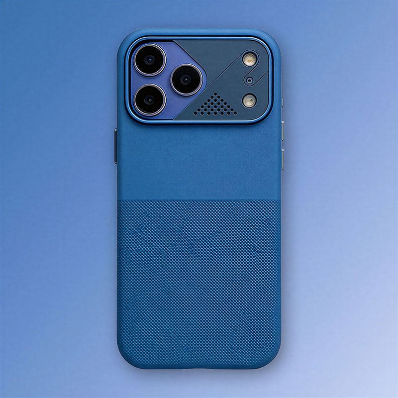 Blue protective smartphone case with metallic camera module and textured finish.