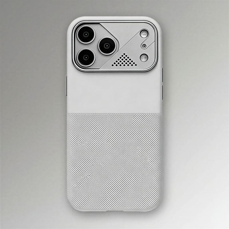 White smartphone case with minimalist design and silver metallic camera protection.