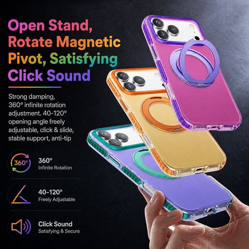 Color-block phone case with 360-degree rotating magnetic stand
