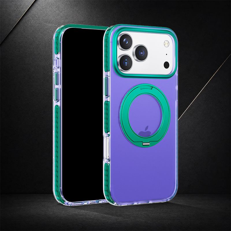 Green and purple color-block protective phone case with magnetic pivot