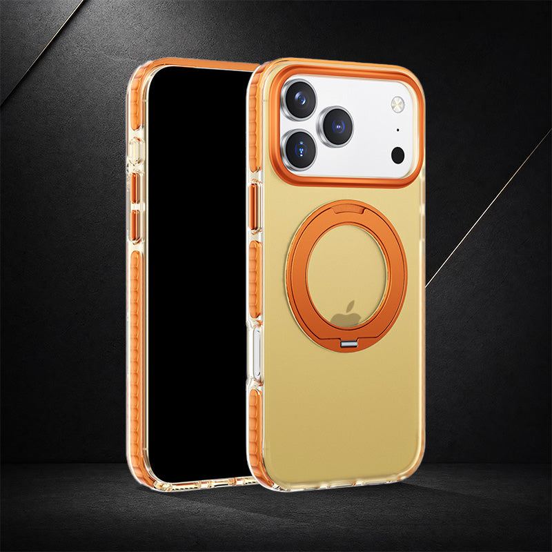 Orange and yellow color-block phone case with magnetic stand