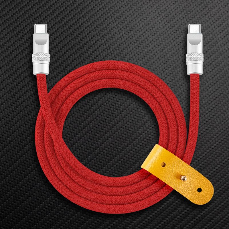 Red braided USB-C to USB-C fast charging cable with yellow strap