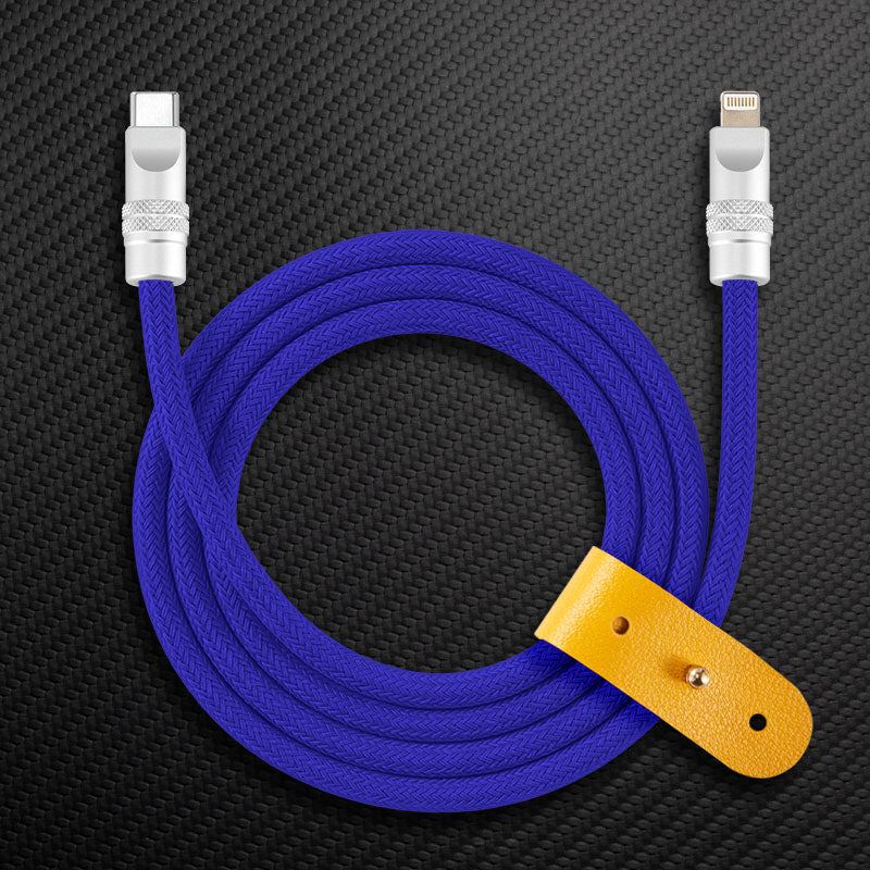 Royal blue braided USB-C to Lightning cable with yellow leather strap