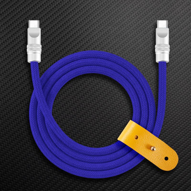 Royal blue braided USB-C to USB-C cable with yellow leather organizer