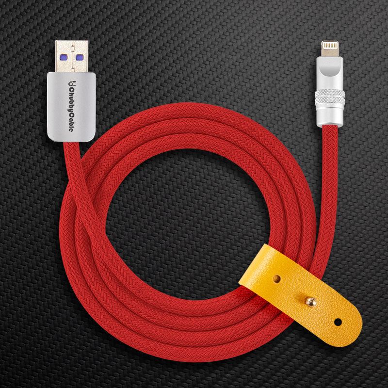 Red braided USB-C cable with yellow leather organizer