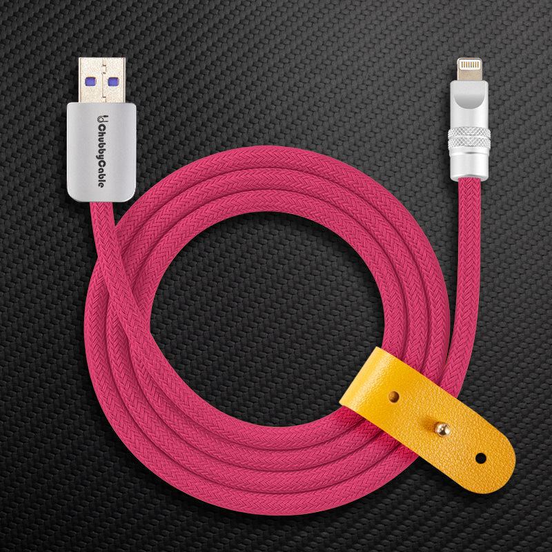Pink braided USB-C cable with yellow leather organizer