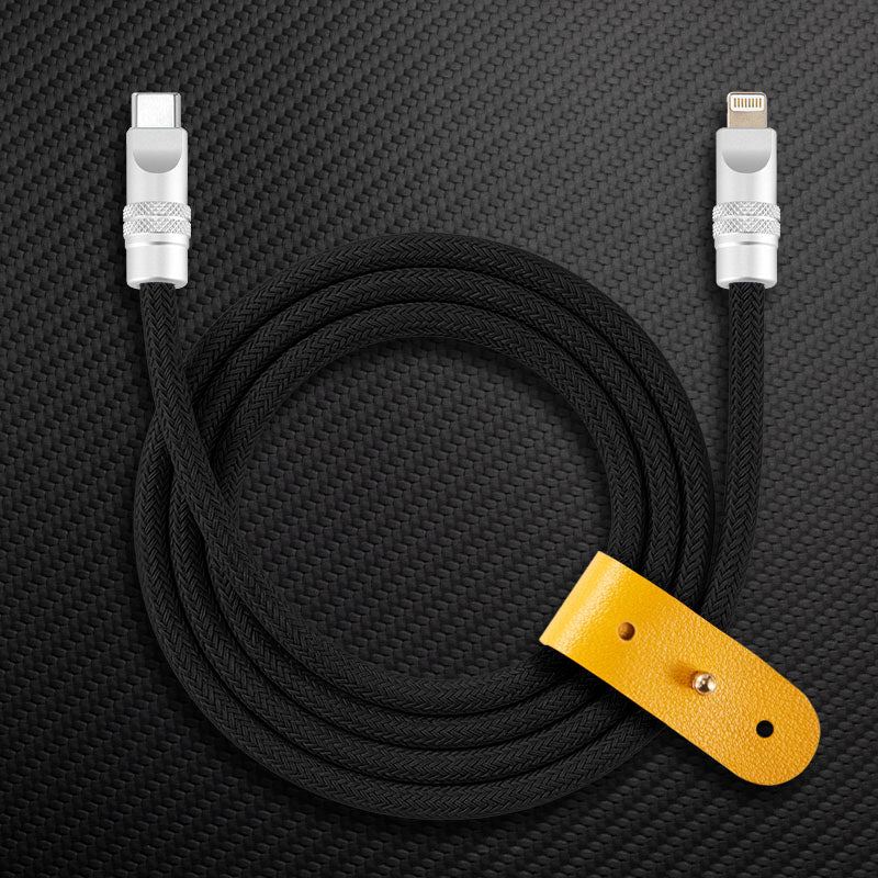 Black braided USB-C to Lightning cable with yellow leather wrap