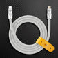 White braided USB-C to Lightning cable with yellow leather strap